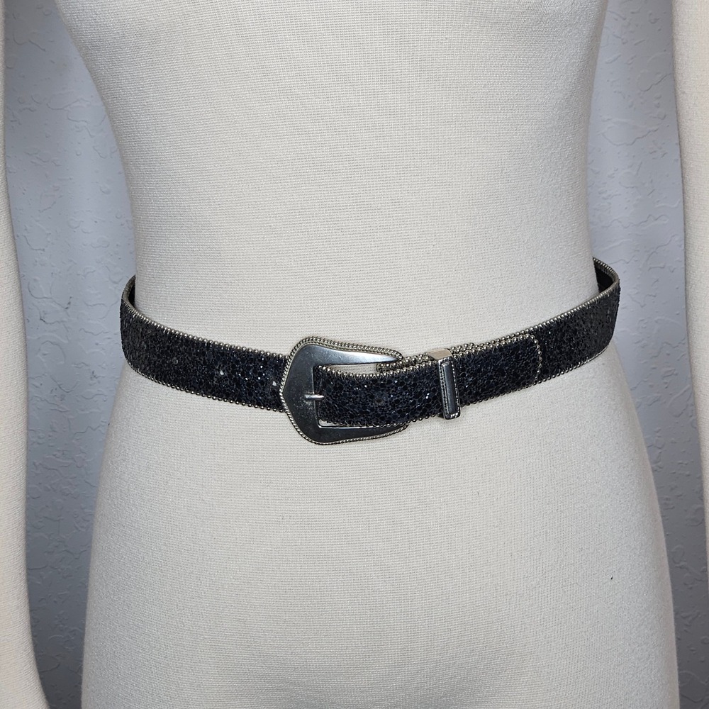 Prima Collezione Leather‎ Shop Black Glitter Western Belt Silver Bead Trim XS